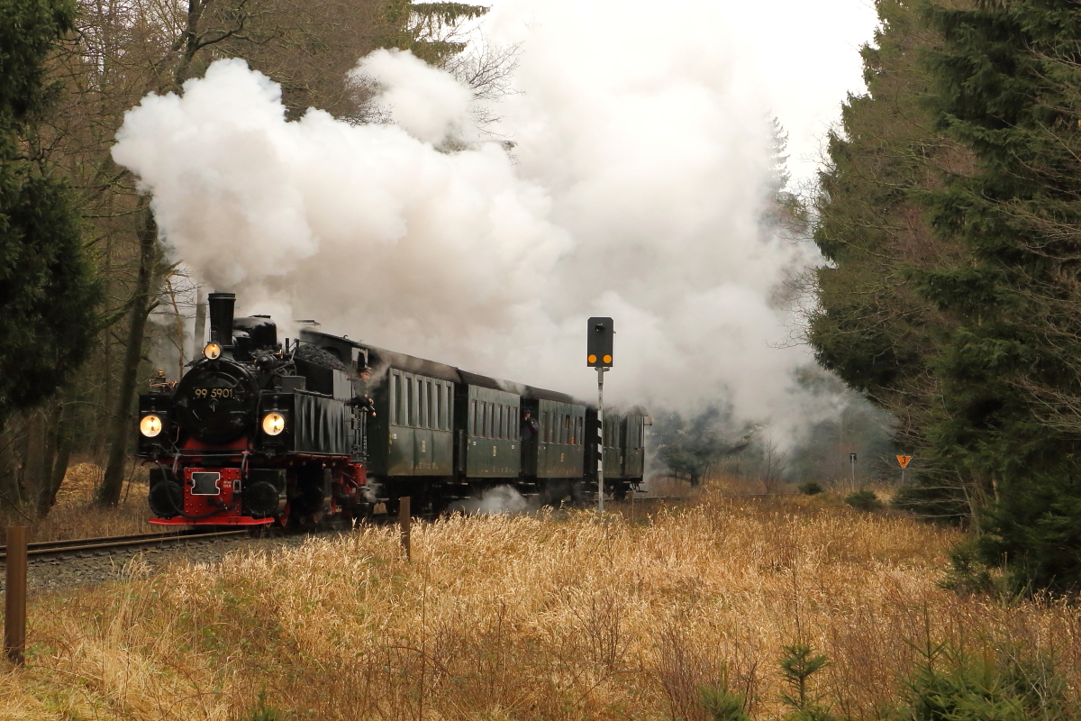 Nachdem am 06.02.2016 Planzug P8931 und der Fotogüterzug den Aufnahmestandort, kurz vor dem Bahnhof Drei Annen Hohne, passiert haben, naht nun letzendlich 99 5901 mit IG HSB-Sonderzug 1, um die Fotografen wieder aufzunehmen und in den Bahnhof zu bringen, wo ein wahrer Leckerbissen von Motiv auf sie wartet.