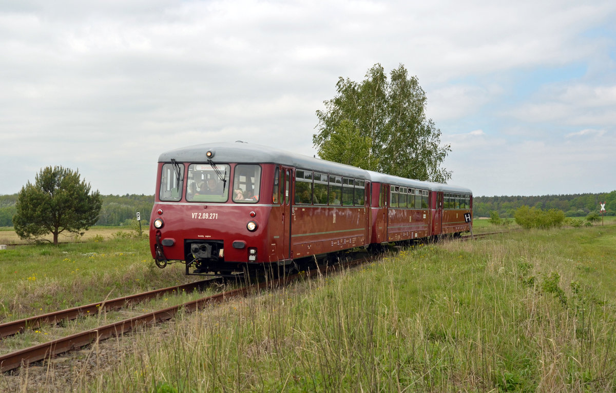 Nachdem die Fahrgäste wieder eingestiegen waren setzte das Gespann aus VT 2.09.271, VS 2.08.260 und VT 2.09.232 seine Fahrt zum Ziel Ferropolis über das Gleisdreieck Jüdenberg fort. Fotografiert am 18.05.19.