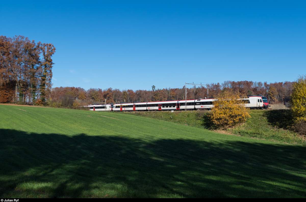 Nachdem Stefan bereits vor ein paar Monaten da war, habe ich heute das schöne Herbstwetter zum Anlass genommen, mich selbst zu überzeugen, dass die alten Fahrleitungsmasten zwischen Rosé und Neyruz in der Nähe von Fribourg immer noch stehen.
Hier konnte ich eine Doppeltraktion RBDe 560 Domino als RegioExpress Bern - Fribourg - Romont - Bulle / Palézieux ablichten.
07.11.2015