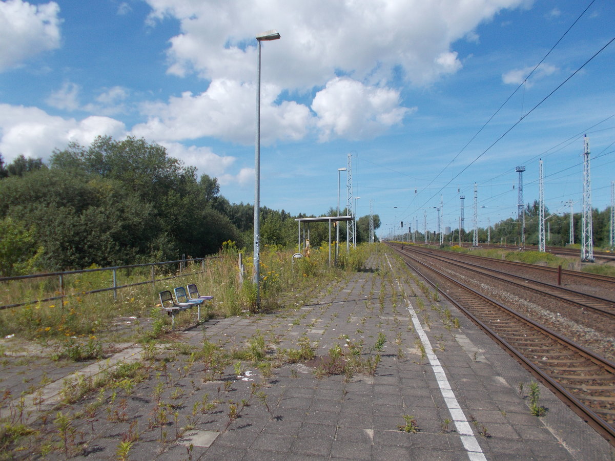 Nachder Einstellung des S-Bahnverkehrs zum Rostocker Seehafen sieht die Station Dierkow leider so aus.Die Station und die Station Toitenwinkel sind ideale Foto-und Filmstandpunkte für die Ein-und Ausfahrten von Zügen von und zum Seehafen.Aufnahme vom 14.August 2017.