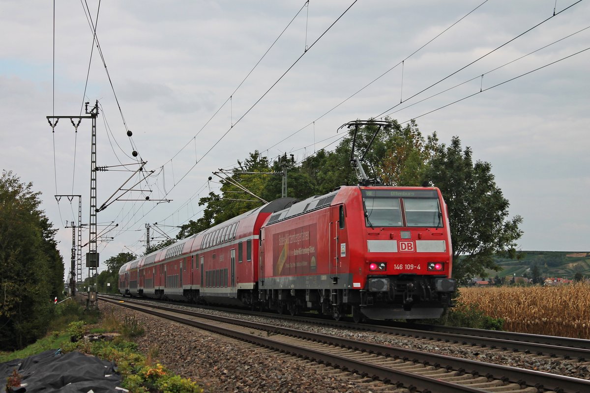 Nachschuss am 04.09.2018 auf 146 109-4  Lahr (Schwarzw.) , als diese an diesem Nachmittag ihren RE (Basel Bad Bf - Offenburg) zwischen Müllheim (Baden) und Hügelheim in Richtung Buggingen schob.