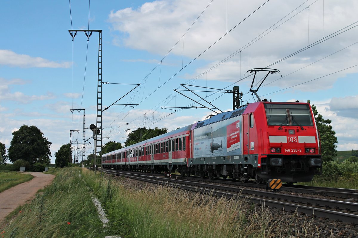 Nachschuss am 06.06.2017 auf 146 230-8  Radolfzell feiert 750 Jahre Stadtrecht , welche ihre RB nach Offenburg bei Müllheim (Baden) in Richtung Buggingen schob.