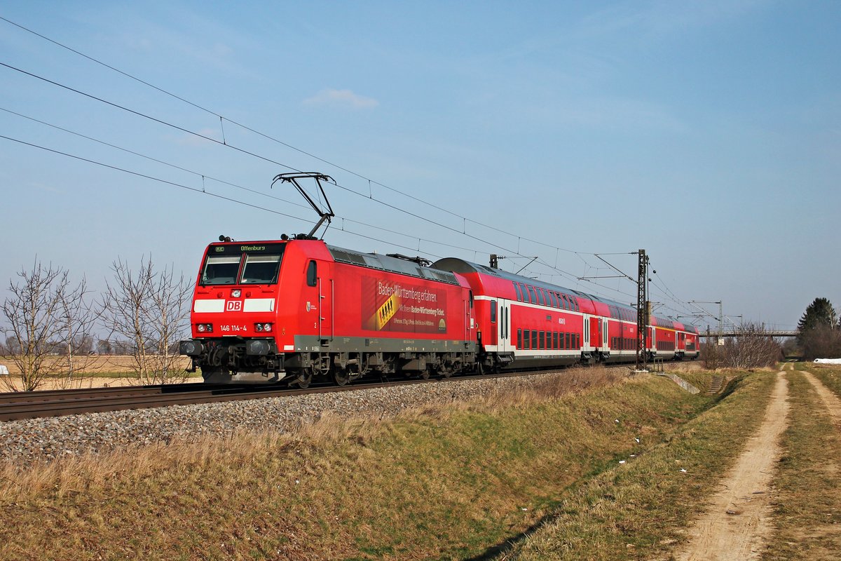 Nachschuss am 07.02.2015 auf die Freiburger 146 114-4  Baden Württemberg erfahren , die an diesem Tag einen RE (Basel Bad Bf - Offenburg) gen Freiburg schob.