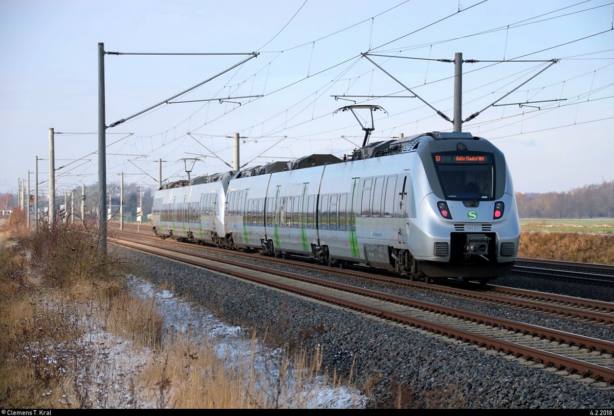 Nachschuss auf 1442 627 und 1442 601 (Bombardier Talent 2) der S-Bahn Mitteldeutschland (DB Regio Südost) als S 37330 (S3) von Leipzig-Connewitz nach Halle(Saale)Hbf, die bei Benndorf auf der Bahnstrecke Magdeburg–Leipzig (KBS 340). [4.2.2018 | 12:03 Uhr]