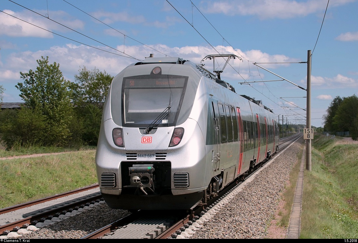 Nachschuss auf 1442 667 (Bombardier Talent 2) der S-Bahn Mitteldeutschland (MDSB II | DB Regio Südost) als S 37838 (S8) von Halle(Saale)Hbf nach Dessau Hbf, die den Hp Hohenthurm auf der Bahnstrecke Berlin–Halle (KBS 250) verlässt. [1.5.2018 | 13:00 Uhr]