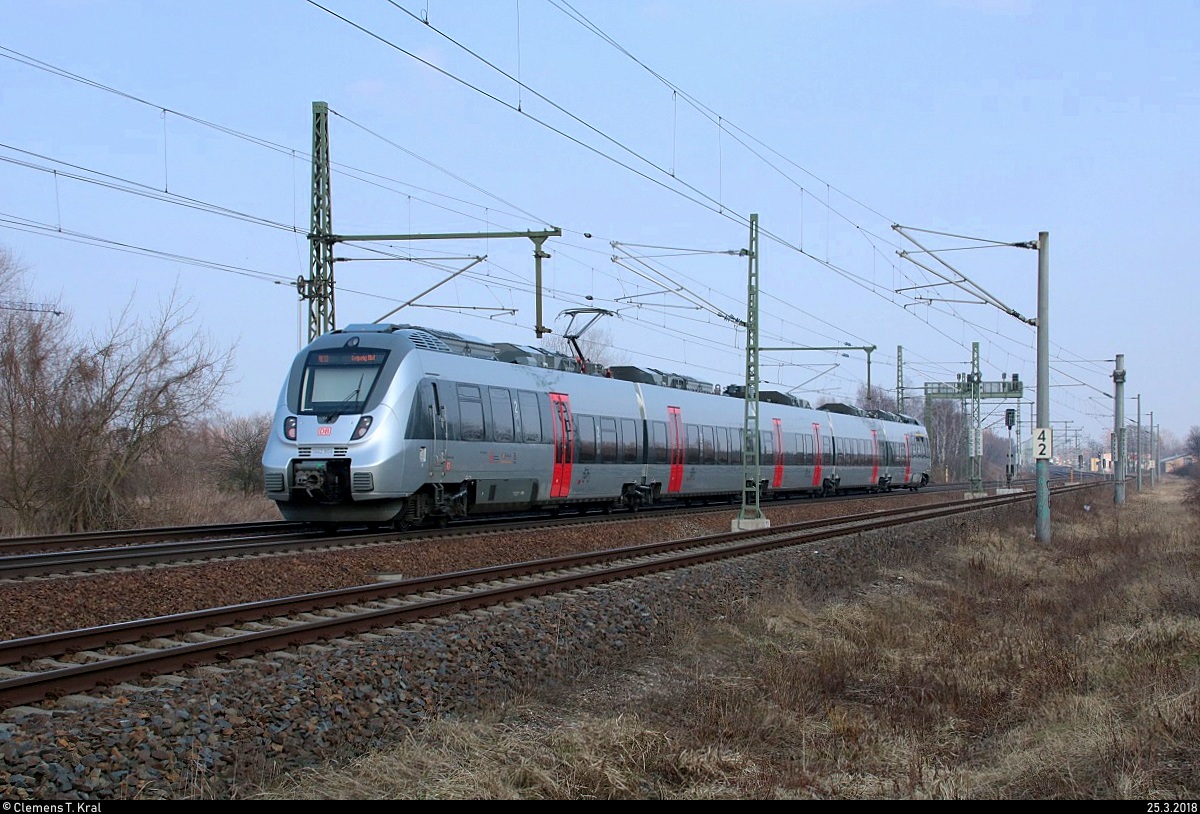 Nachschuss auf 1442 804 (Bombardier Talent 2) von DB Regio Südost als umgeleiteter RE 16111 (RE13) von Magdeburg Hbf nach Leipzig Hbf, der in Halle-Kanena auf der Bahnstrecke Magdeburg–Leipzig (KBS 340) fährt. [25.3.2018 | 16:34 Uhr]