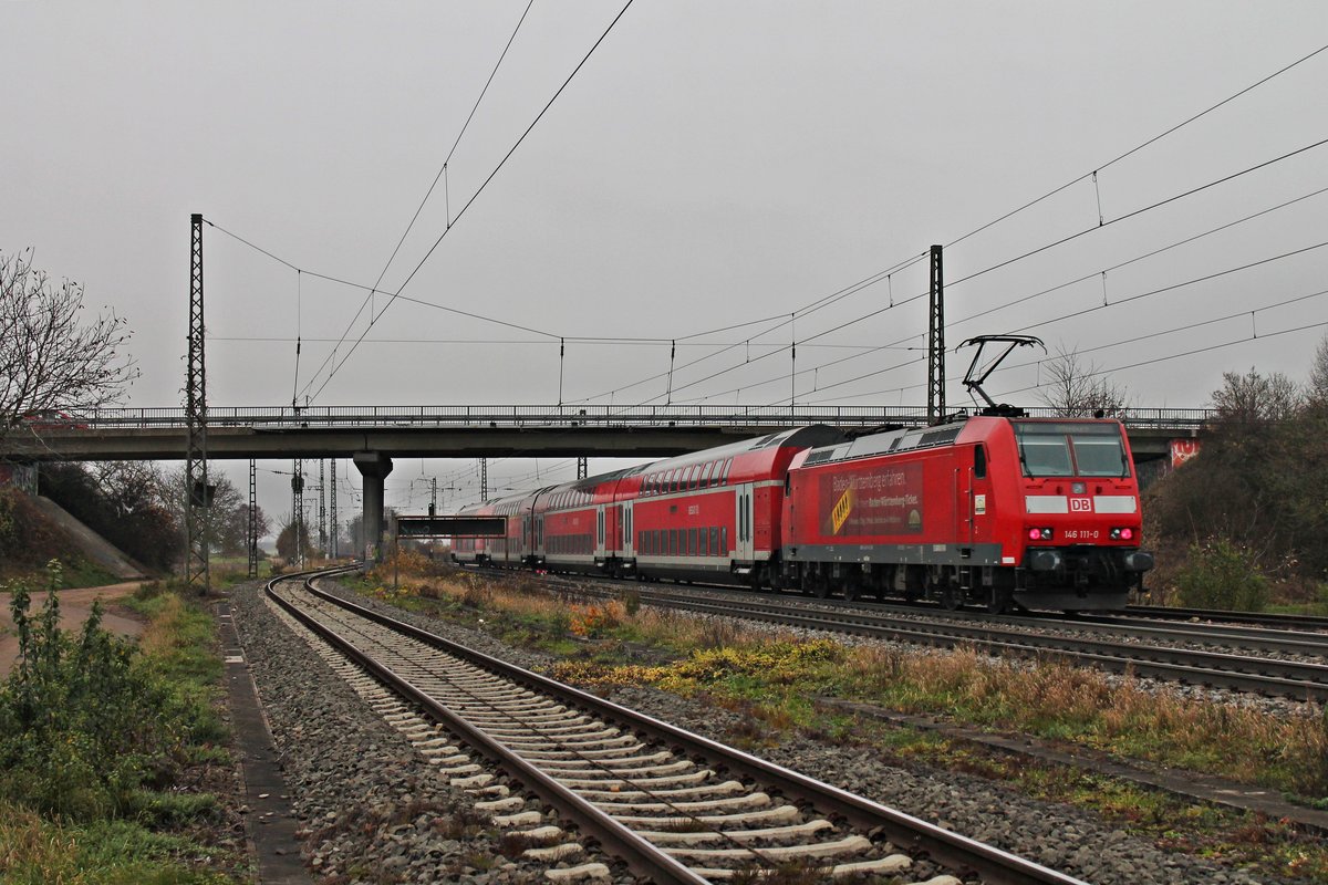 Nachschuss auf 146 111-0  Baden Württemberg erfahren  am 29.11.2014 mit einem RE (Basel Bad Bf - Offenburg) aus Müllheim (Baden) gen Buggingen/Heitersheim.