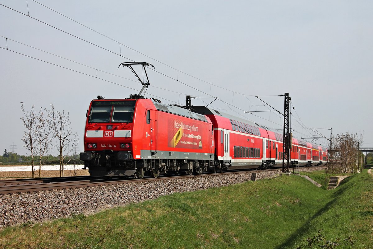 Nachschuss auf 146 114-4  Baden Württemberg erfahren , welche am Morgen des 11.04.2017 ihren RE nach Offenburg bei Hügelheim durchs Rheintal schob.