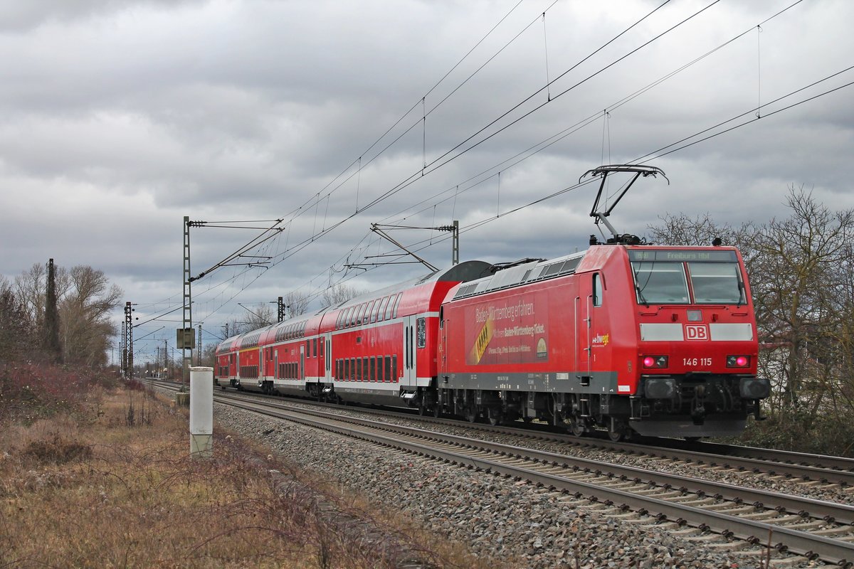 Nachschuss auf 146 115  Landkreis Breisgau-Hochschwarzwald , als diese am 27.01.2019 mit ihrer RB (Neuenburg (Baden) - Freiburg (Brsg) Hbf) in den Haltepunkt von Buggingen fuhr.