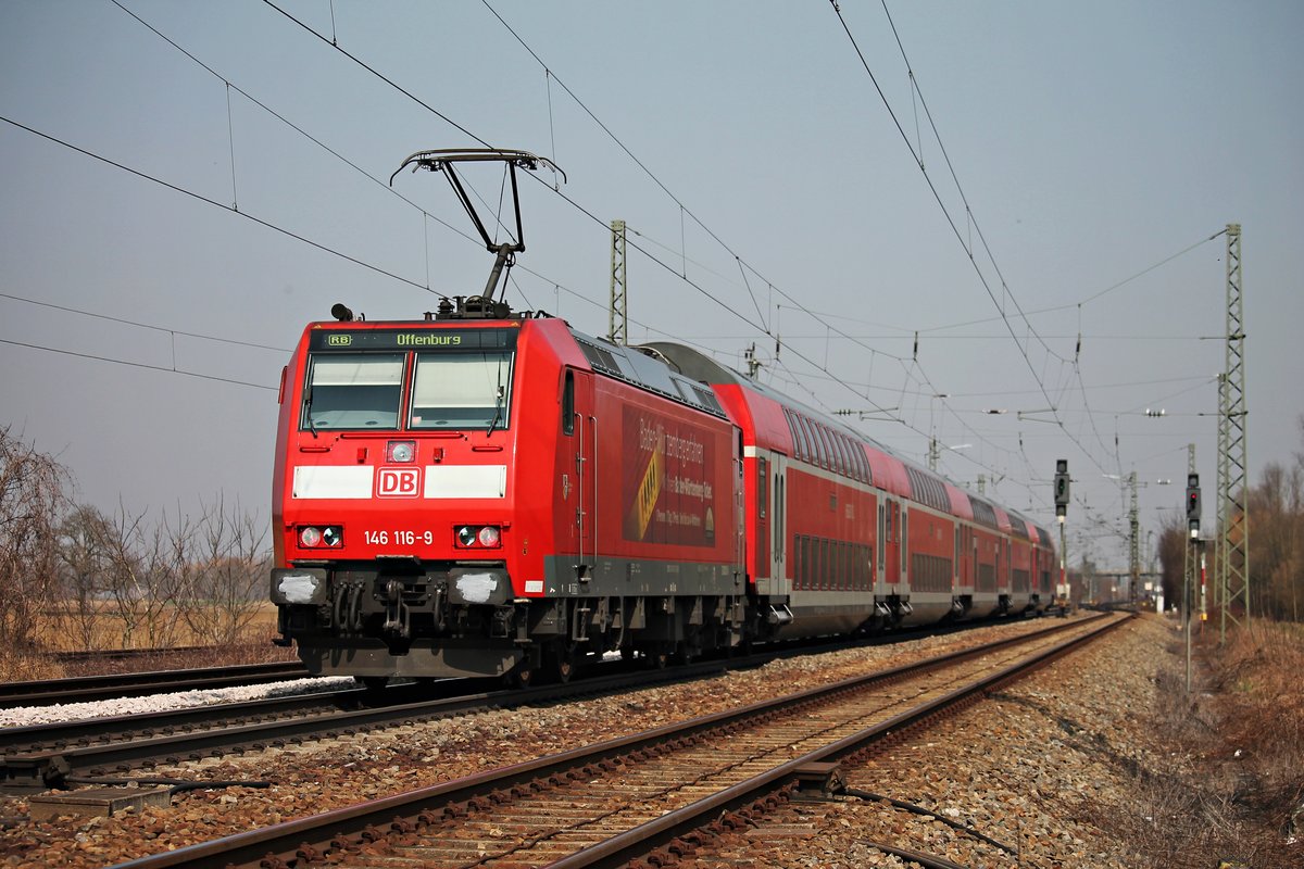 Nachschuss auf 146 116-9  Baden Württemberg erfahren  am 18.03.2015, als sie mit einer RB (Neuenburg (Baden) - Offenburg) aus dem Bahnhof Orschweier gen Lahr (Schwarzw) fuhr.