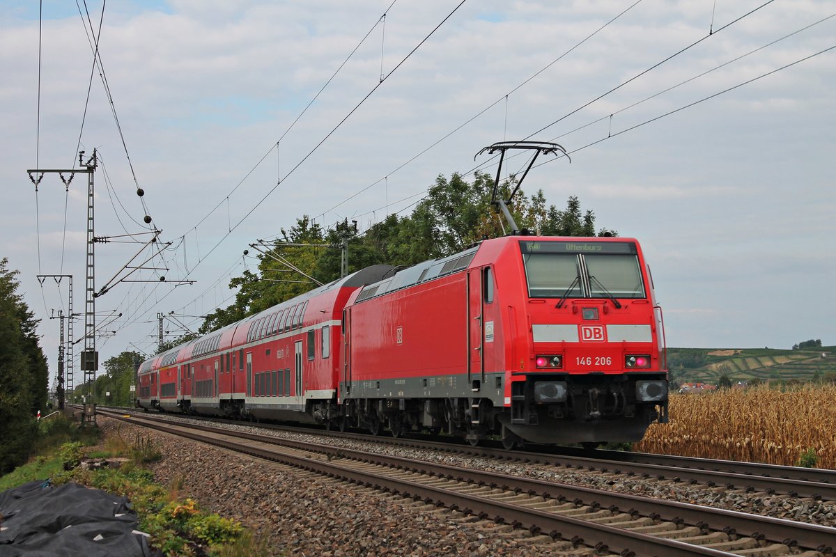 Nachschuss auf 146 206, als diese am 04.09.2018 mit einer RB (Basel Bad Bf - Offenburg) nördlich von Müllheim (Baden) durchs Markgräflerland gen Buggingen fuhr.