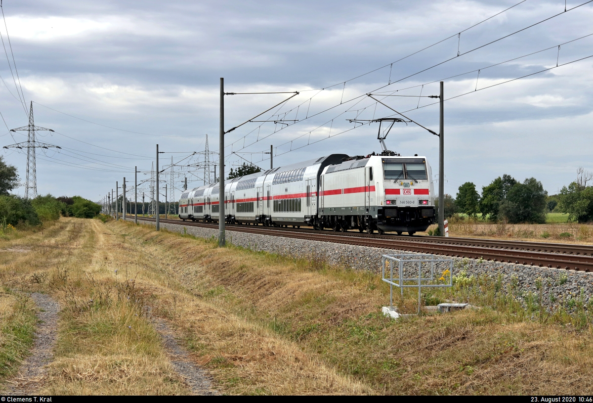 Nachschuss auf 146 560-8 an der Blockstelle (Bk) Braschwitz.

🧰 DB Fernverkehr
🚝 IC 2445 (Linie 55) Hannover Hbf–Dresden Hbf
🚩 Bahnstrecke Magdeburg–Leipzig (KBS 340)
🕓 23.8.2020 | 10:46 Uhr