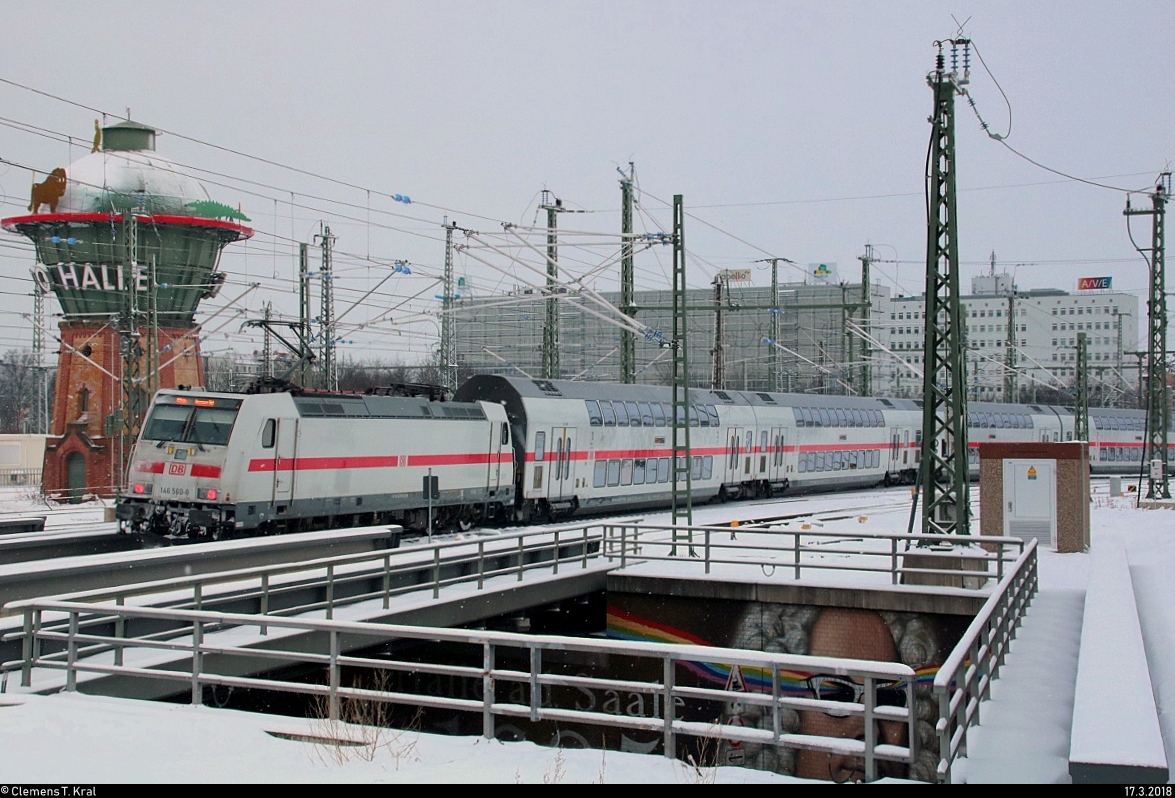 Nachschuss auf 146 560-8 DB als verspäteter IC 2444 (Linie 55) von Dresden Hbf nach Hannover Hbf, der Halle(Saale)Hbf abweichend auf Gleis 11 verlässt. [17.3.2018 | 17:39 Uhr]