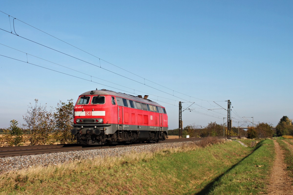 Nachschuss auf 218 413-3, welche am 31.10.2014 als Tfzf _____ (Haltingen - Offenburg - Villingen) bei Hügelheim in RIchtung Freiburg unterwegs war.
