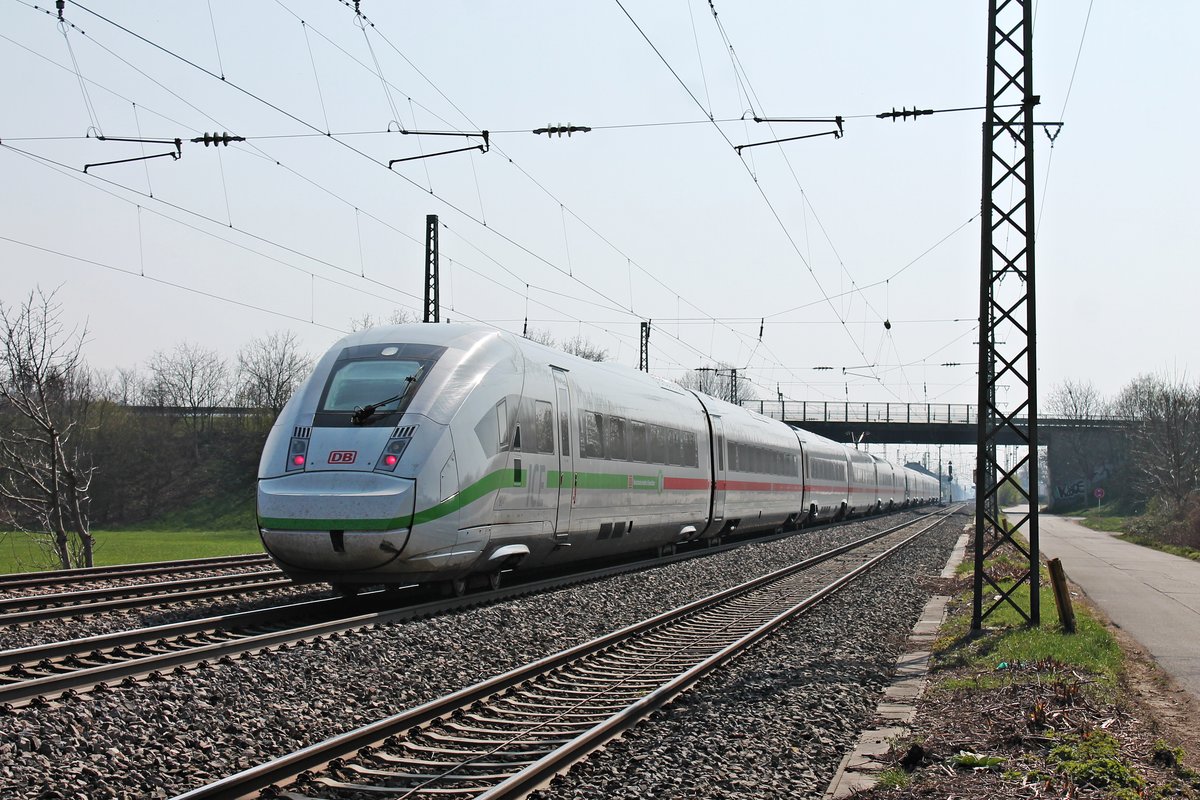 Nachschuss auf 412 041 (9041/0812 041-3)  Baden-Württemberg , als dieser am Nachmittag des 28.03.2020 als ICE 73 (Kiel Hbf - Basel Bad Bf) durch den Bahnhof von Müllheim (Baden) in Richtung Süden fuhr.