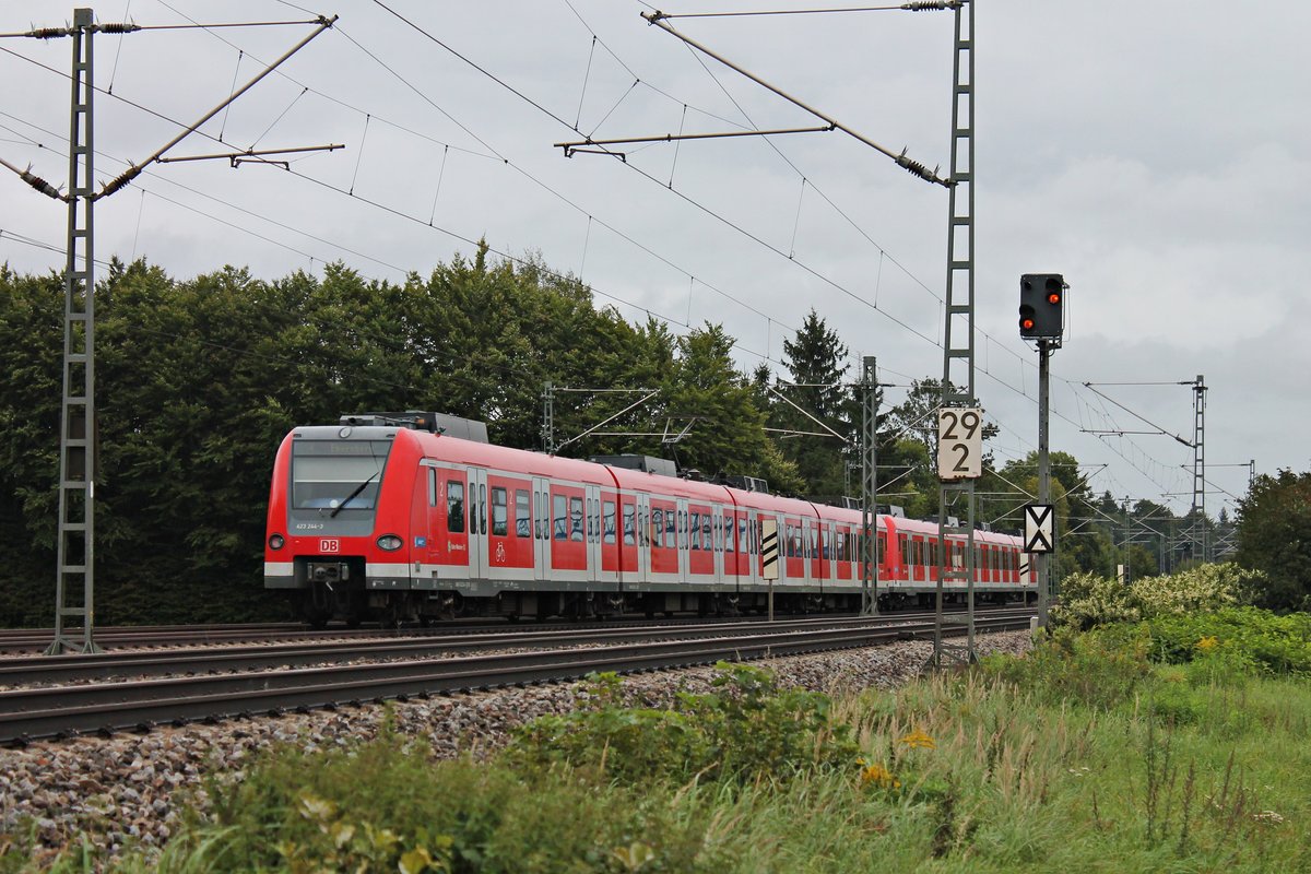 Nachschuss auf 423 244-3, als dieser am 12.09.2017 zusammen mit 423 653-5 als S4 (Geltendorf - Ebersberg) bei Zorneding in Richtung Süden fuhr.