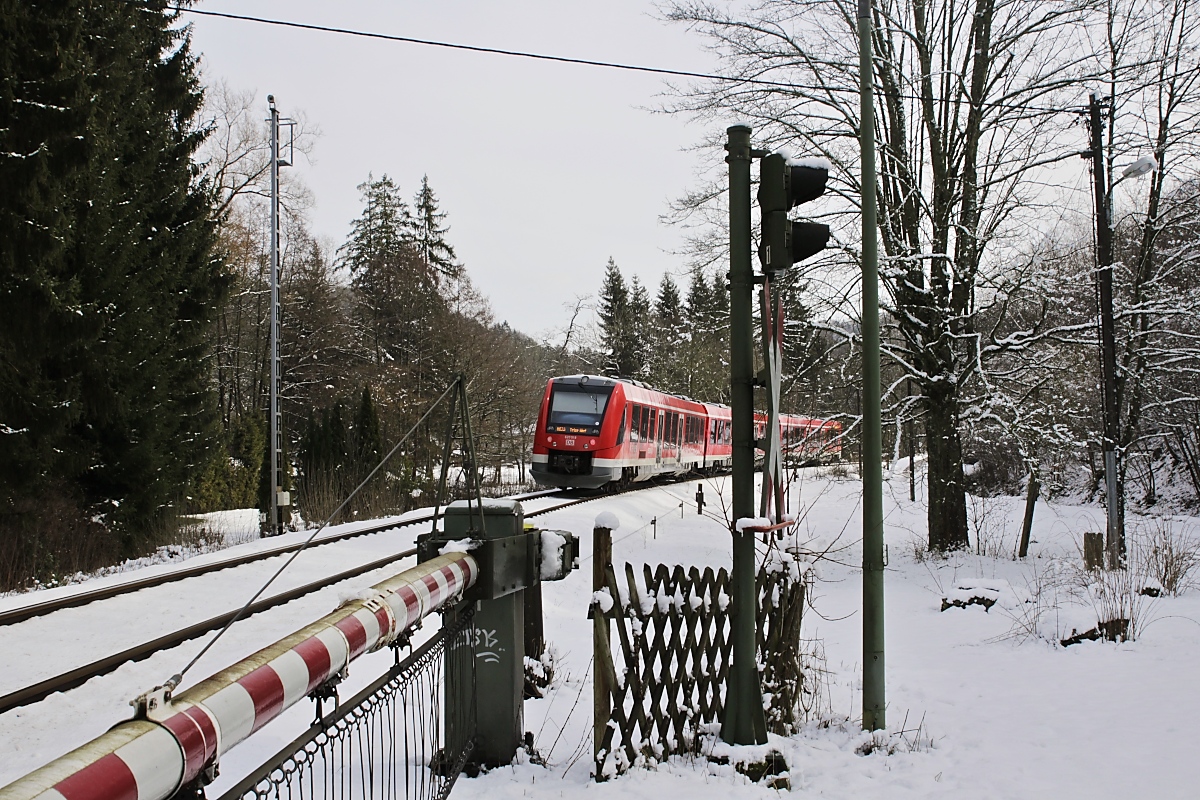 Nachschuss auf den 620 019/519, der nach Passieren der Schranke an der Urfter Mühle gleich den Bahnhof Urft (Steinfeld) erreichen wird (28.02.2020)