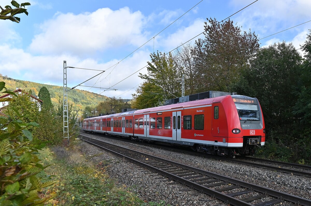Nachschuß auf den als S2 nach Kaiserslautern fahrende 425 711-9 bei der Einfahrt in Neckargerach. 22.10.2021