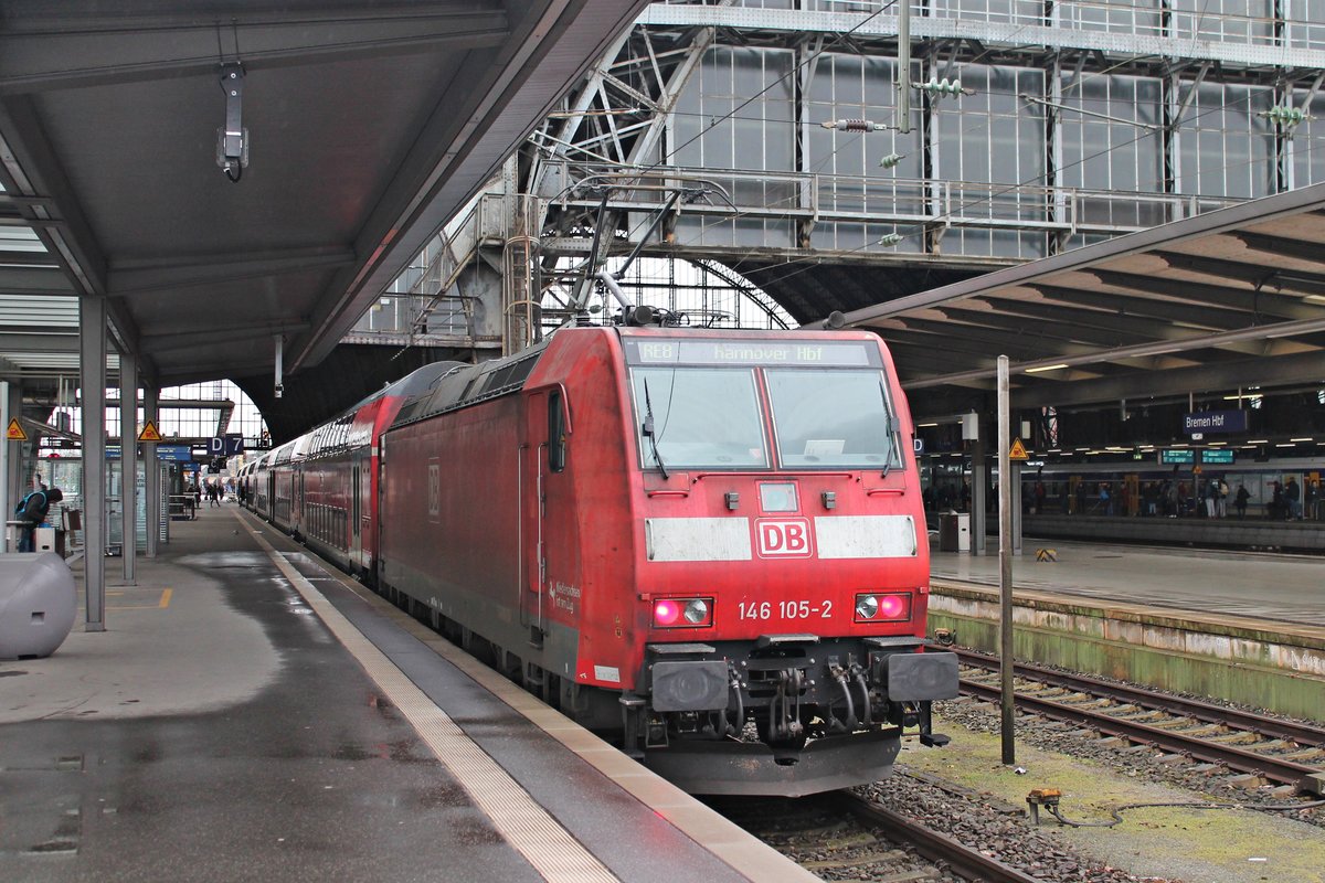 Nachschuss auf die Bremer 146 105-2, als diese am Mittag des 26.03.2019 als RE 8 (Bremerhaven Lehe - Hannover Hbf) auf Gleis 9 im Hauptbahnhof von Bremen stand und auf ihre Abfahrt wartete.