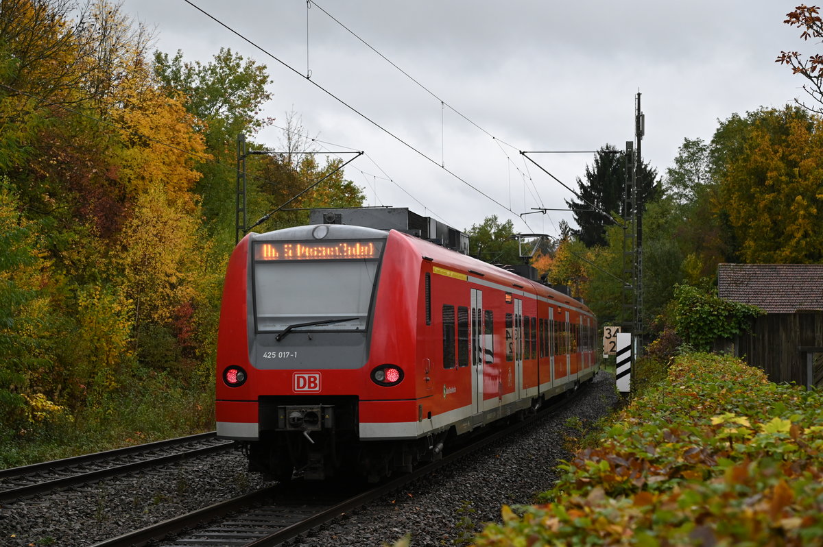Nachschuß auf einen S2 Zug / 425 017-1 der soeben Neckargerach nach Binau verlassen hat.
Das Ziel der Fahrt ist Mosbach Baden an diesem sehr regnerischen Montagvormittag. 26.10.2020