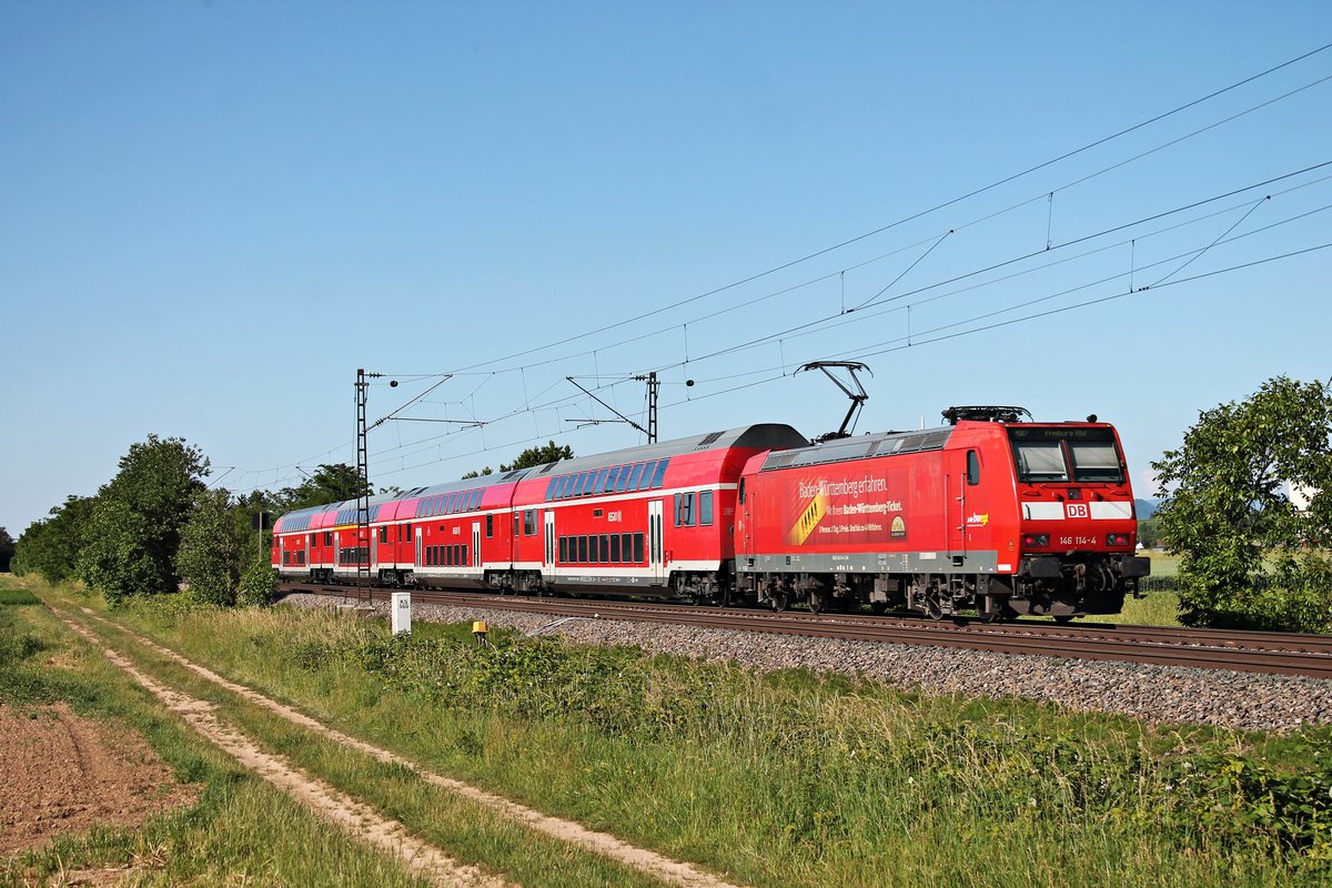 Nachschuss auf die Freiburger 146 114-4  Landkreis Emmendingen , als diese am Nachmittag des 13.06.2019 ihren RE (Basel Bad Bf - Freiburg (Brsg) Hbf) südlich von Buggingen über die KBS 703 durchs Rheintal schob.