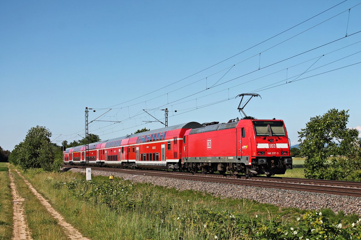 Nachschuss auf die Freiburger 146 237-3  Karlsruhe , als diese am Nachmittag des 13.06.2019 ihren RE (Basel Bad Bf - Offenburg) südlich von Buggingen über die KBS 703 durchs Markgräflerland in Richtung Freiburg (Breisgau).
