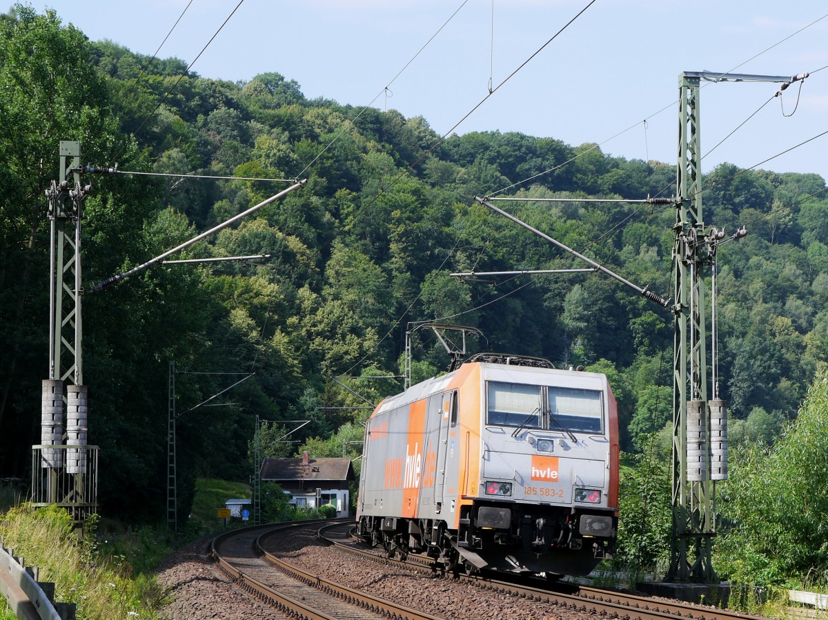 Nachschuss auf hvle 185 583 in Richtung Pirna; zwischen Stadt Wehlen und Obervogelgesang (Sächsische Schweiz) 19.07.2015
