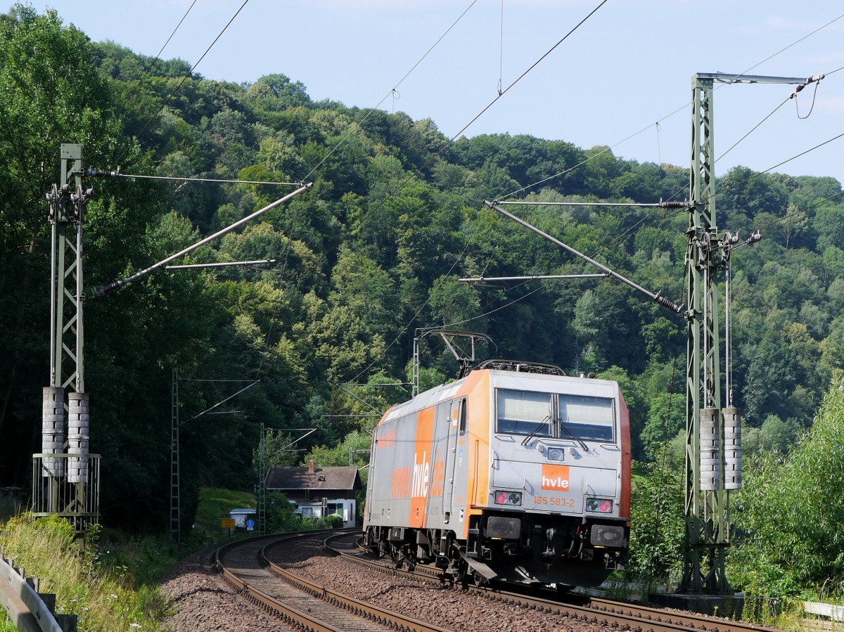 Nachschuss auf hvle 185 583 in Richtung Pirna; zwischen Stadt Wehlen und Obervogelgesang (Sächsische Schweiz) 19.07.2015

