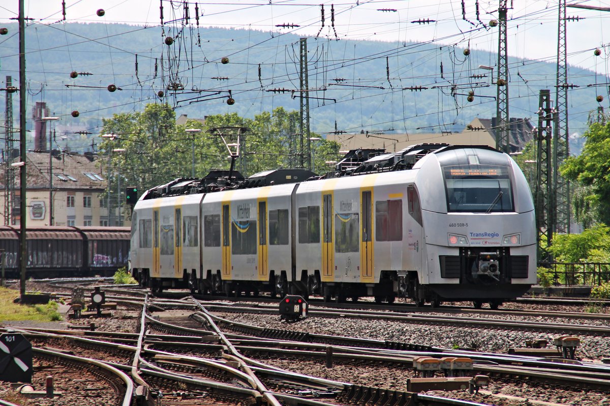 Nachschuss auf MRB 460 508-5, welcher am 18.06.2016 als MRB 26 (Köln Hbf - Koblenz Hbf) durch Koblenz Lützel in Richtung Zielbahnhof fuhr.