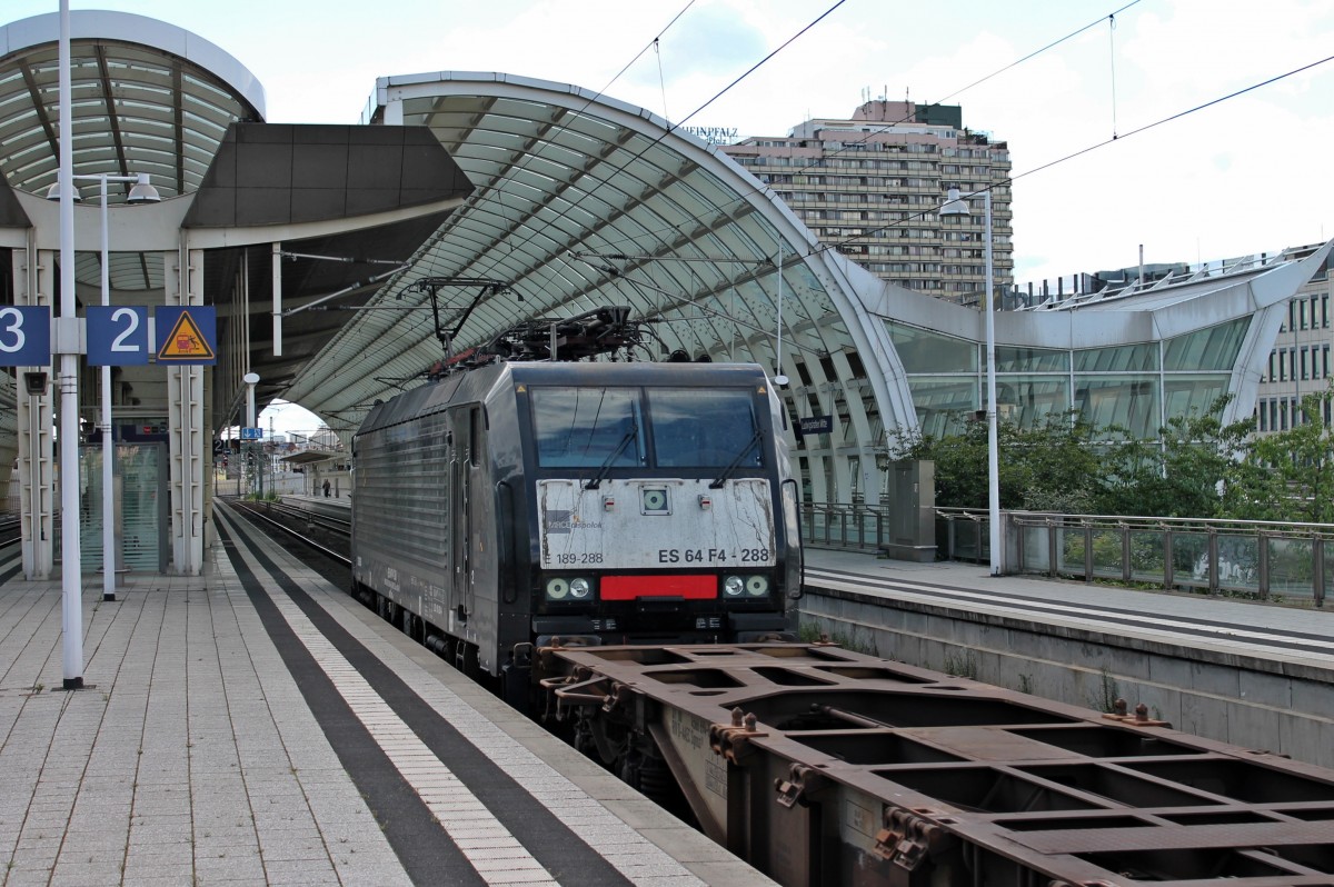 Nachschuss auf MRCE/SBB Cargo ES 64 F4-288, als sie am 24.05.2014 mit einem fast leeren Containerzug durch Ludwigshafen (Rhein) Mitte gen Borden fuhr.