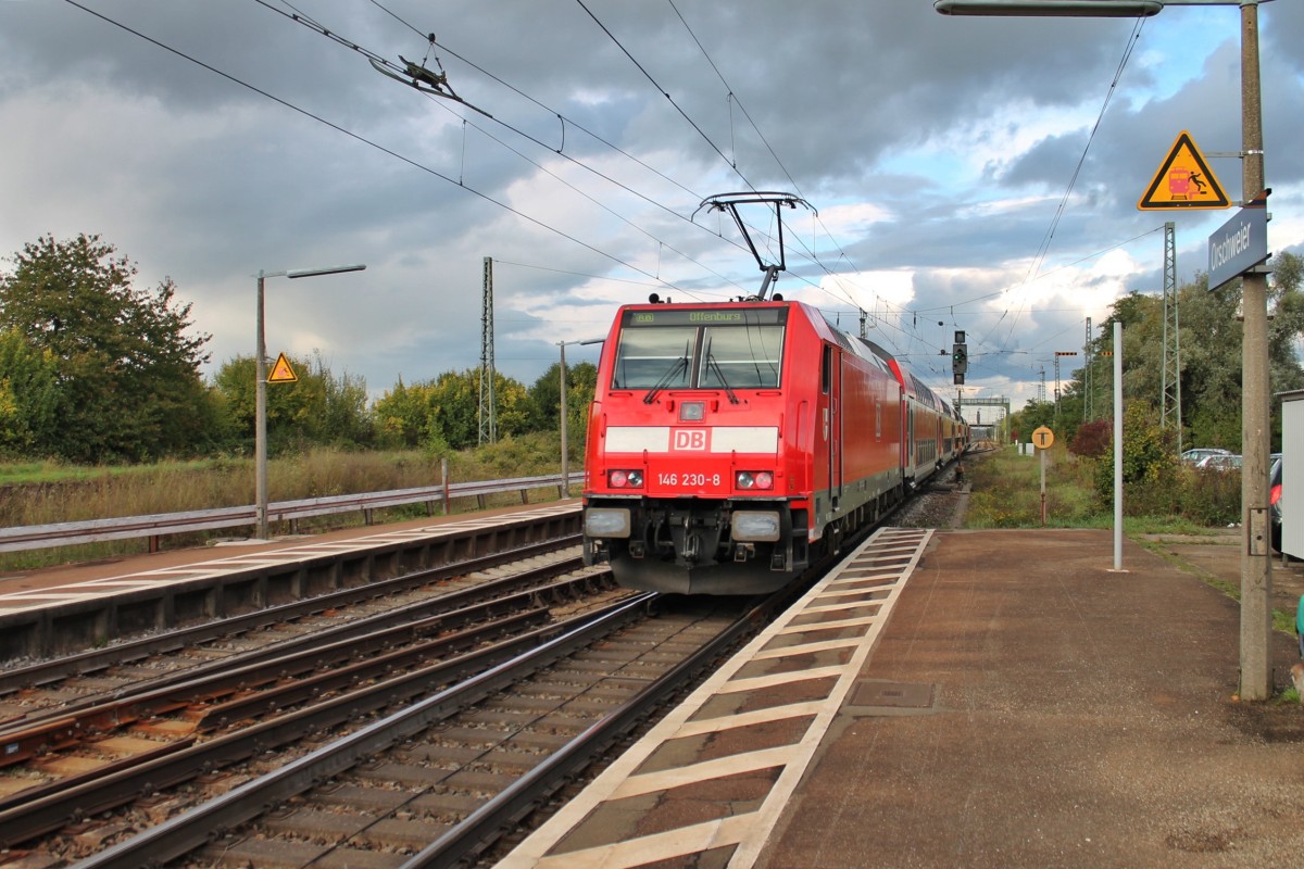 Nachschuss auf die RB 26568 (Neuenburg (Baden) - Offenburg) in auerplanmigen Sandwichtraktion mit 146 231-6 (Zugspitze) und der 146 230-8  Radolfzell , als sie aus dem Bahnhof von Orschweier zum nchsten Halt in Lahr (Schw) fahren.