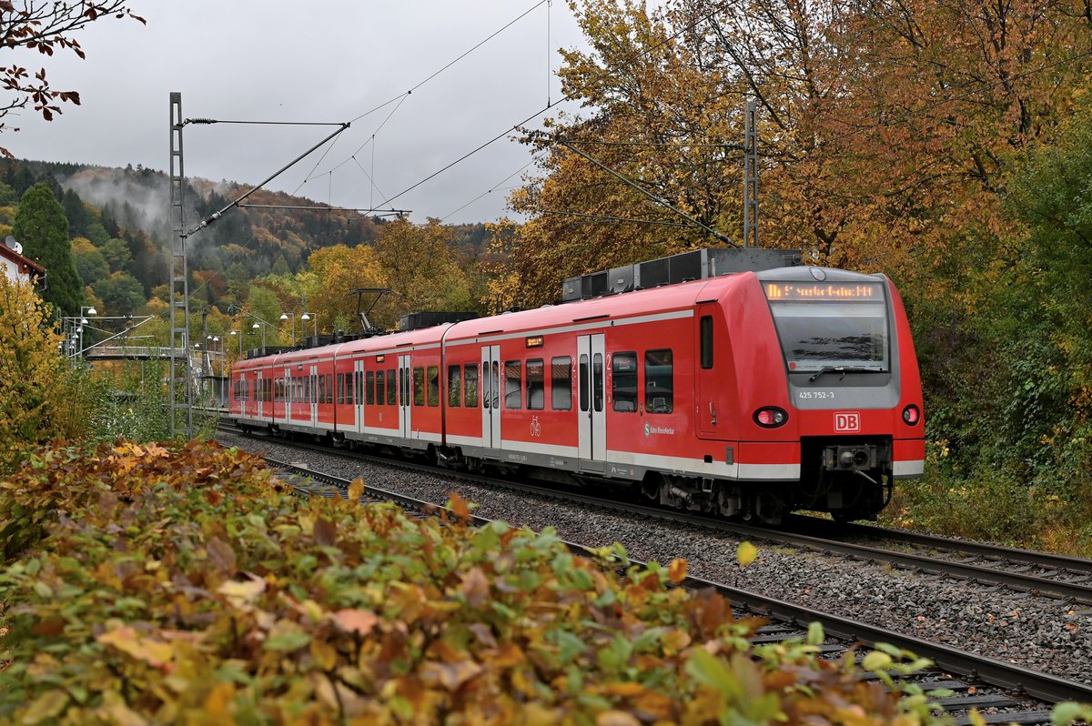 Nachschuß auf den S1 Zug nach Neustadt Weinstraße Hbf alias 425 752 in Neckargerach am Vormittag des 26.10.2020