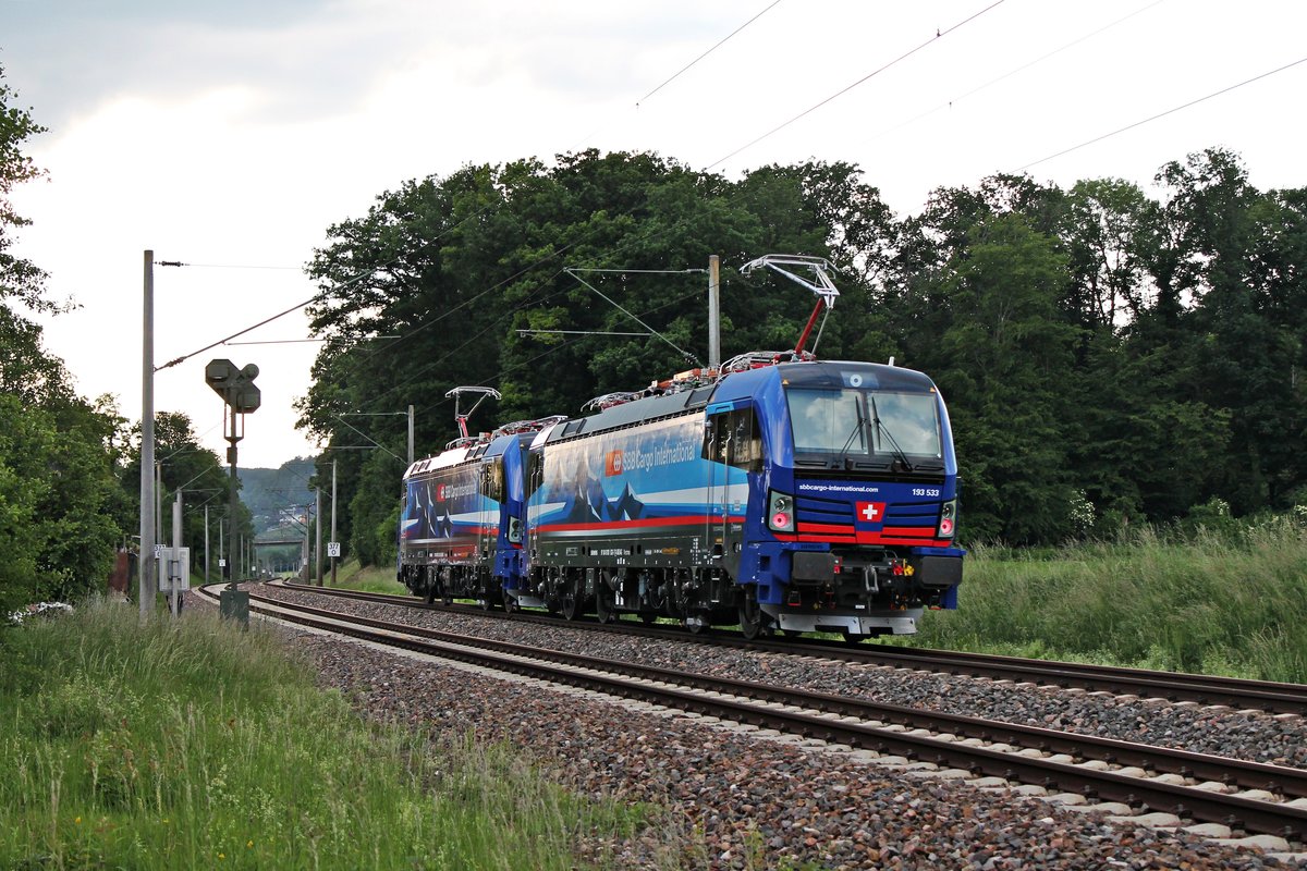Nachschuss auf Südleasing/SBBCI 193 533  Rhone , als diese am Abend des 28.05.2020 zusammen mit der Südleasing/SBBCI 193 532  Nightpiercer/Rhein  als Tfzf 40283 (Regensburg Hbf - Schaffhausen GB) bei Gottmadingen in Richtung Schaffhausen fuhren.