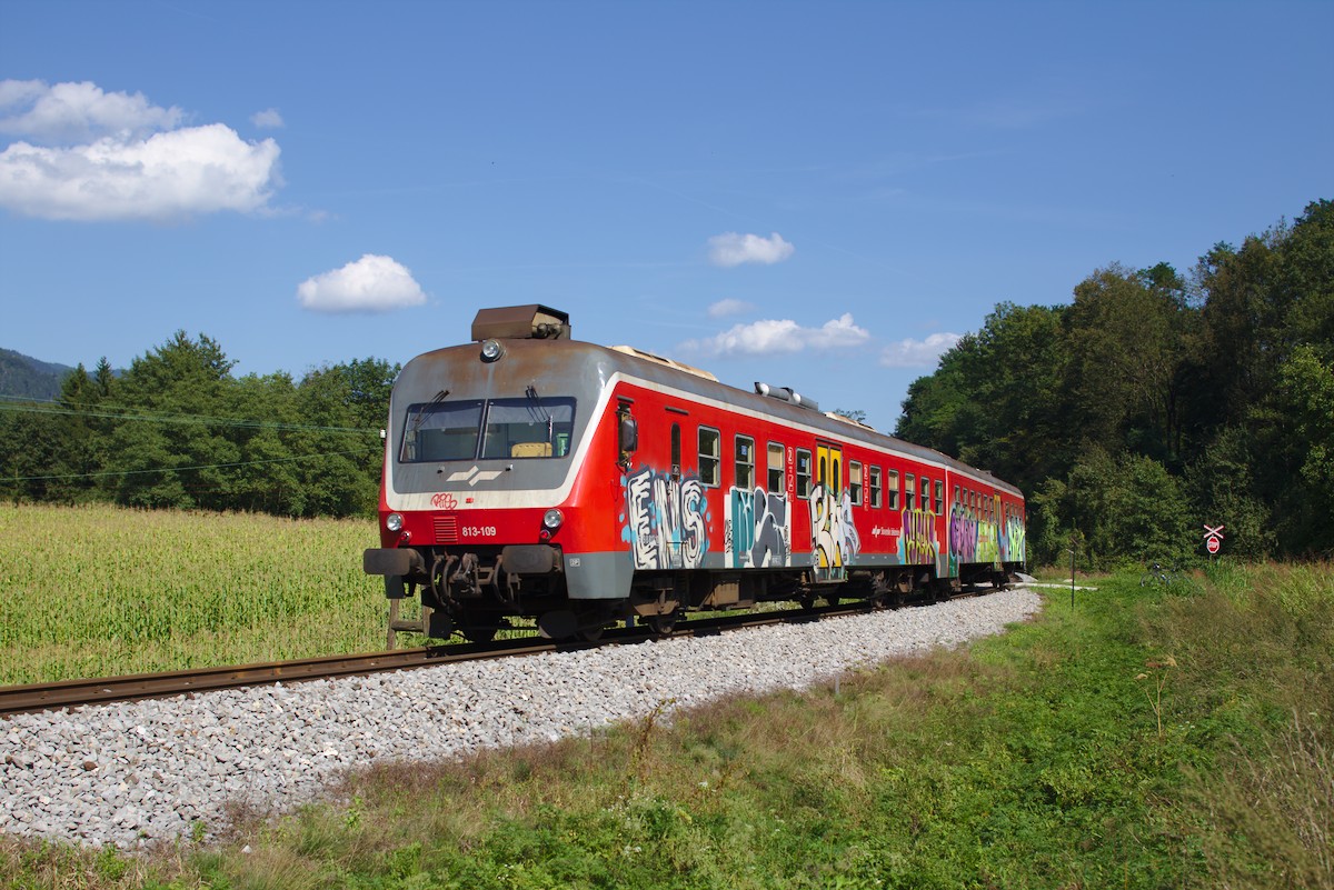 Nachschuss auf den Triebzug 813/814.109 als R4009 zwischen Vuzenica und Vuhred im Drautal. (31.08.2016)