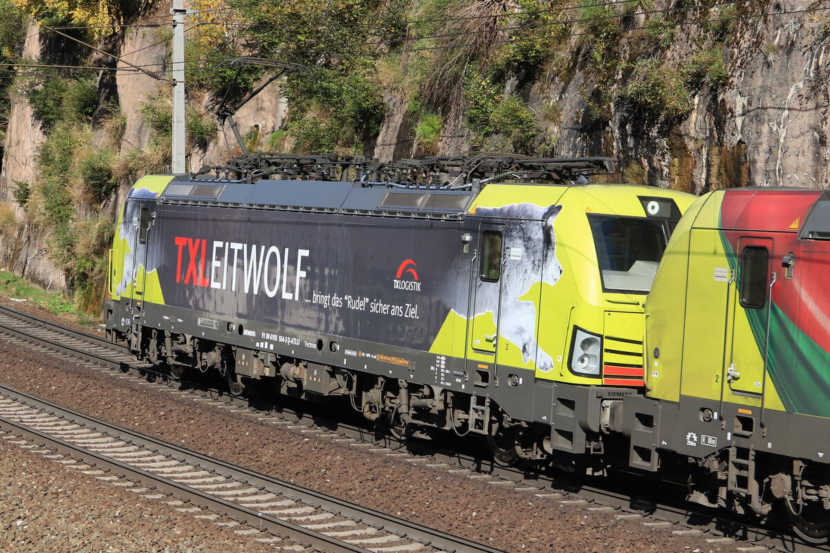 Nachschuss auf die TXL Logistik 193 554-3  TXLeitwolf  als Vorspannlok vor einem talwärts fahrendem KLV Zug Richtung Deutschland. Aufgenommen bei Gries am Brenner am 09.10.2021