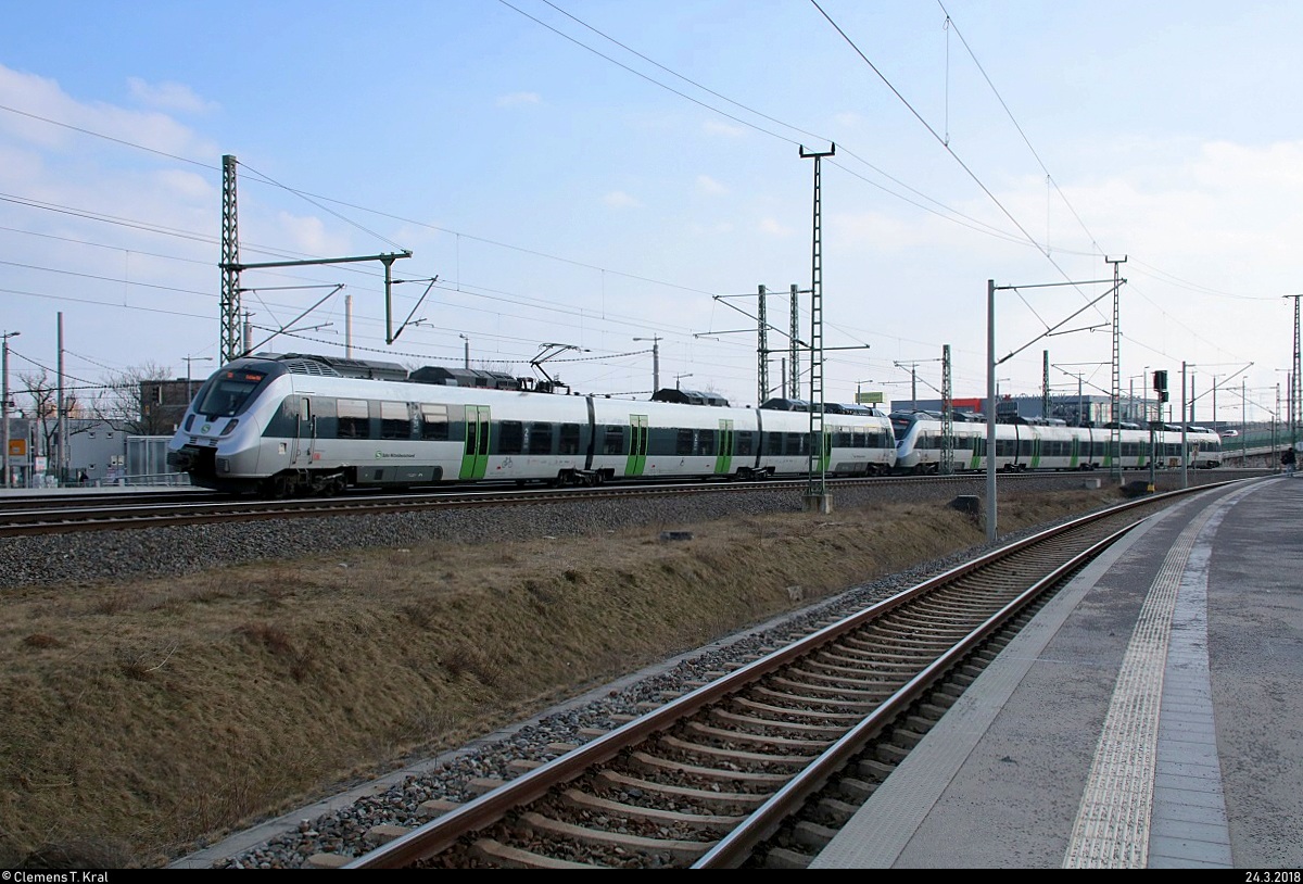 Nachschuss auf zwei BR 1442 (Bombardier Talent 2) der S-Bahn Mitteldeutschland (DB Regio Südost) als S 37523 (S5X) von Halle(Saale)Hbf nach Zwickau(Sachs)Hbf, die am Hp Leipzig Nord auf der Neubaustrecke Erfurt–Leipzig/Halle (KBS 580) fahren. [24.3.2018 | 15:37 Uhr]