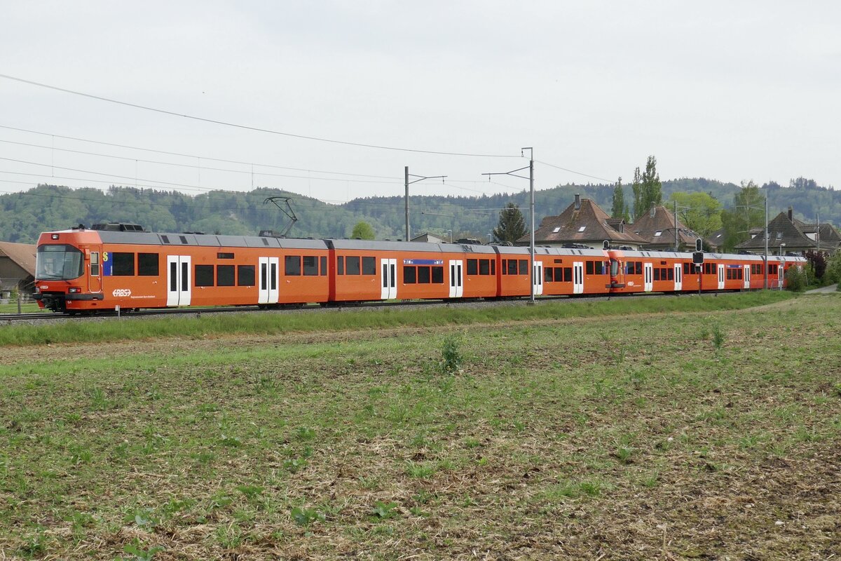 Nachschuss der beiden Secondas Be 4/12 64 und 68 die am 29.4.24 als S8 nach Bern zwischen Jegenstorf und Urtenen unterwegs sind.