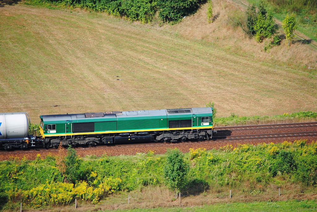 Nahaufnahme einer Class 66 im Saaletal bei Bad Ksen. (29.08.2013)