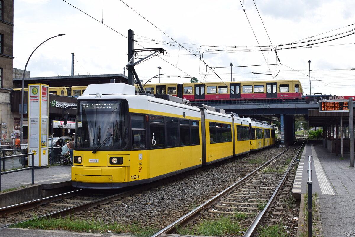 Nahverkehr in Berlin. Straßenbahn und S-Bahn sind in Berlin unverzichtbar. Hier begegnen sich Triebwagen 1253 auf der Linie M4 und ein Vollzug der Baureihe 481 als S42 an der Station Greifswalder Straße. 

Berlin 22.07.2023