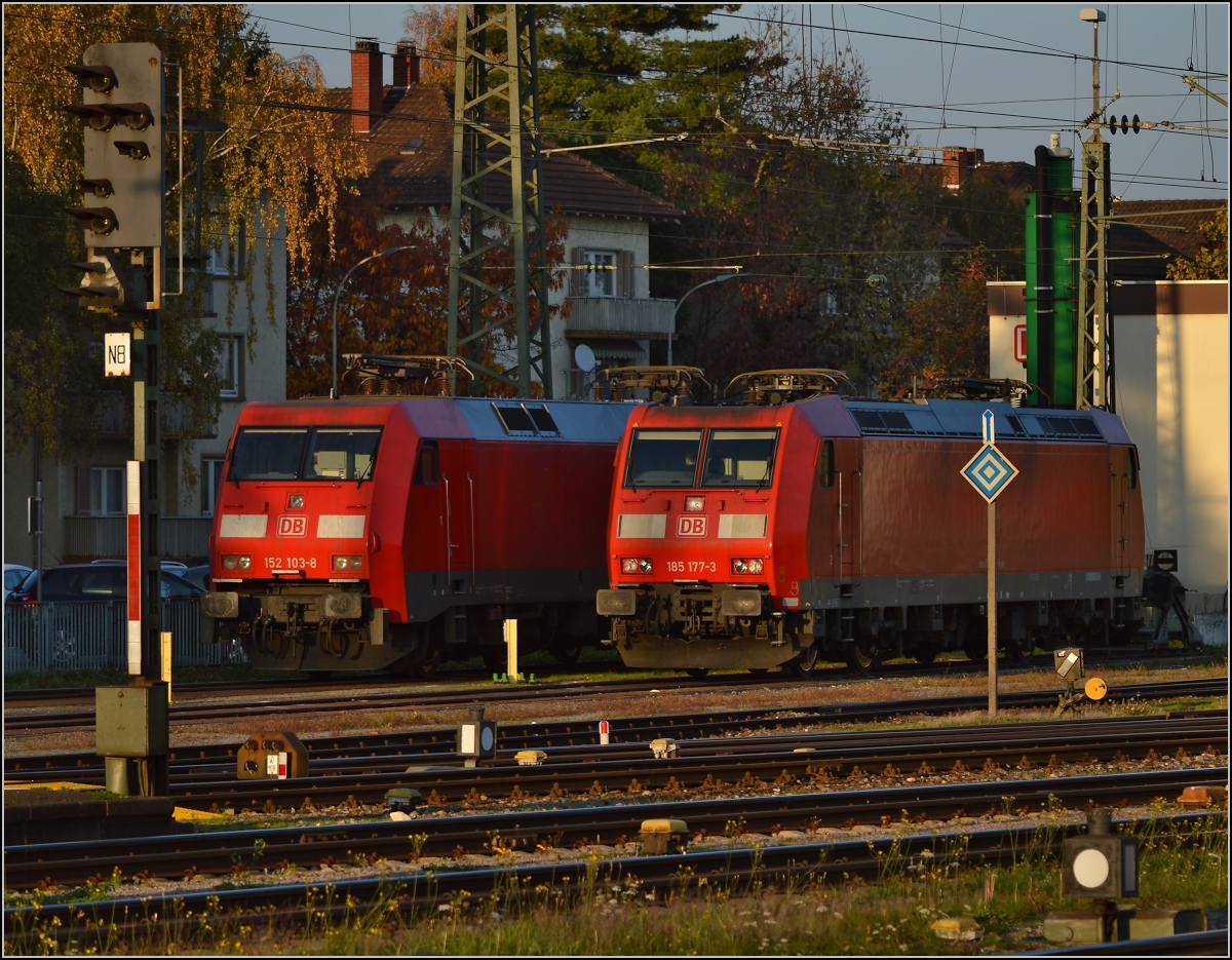 Nasenvergleich. 152 103-8 und 185 177-3 mit sanft beleuchter Nase in Singen. Oktober 2014.