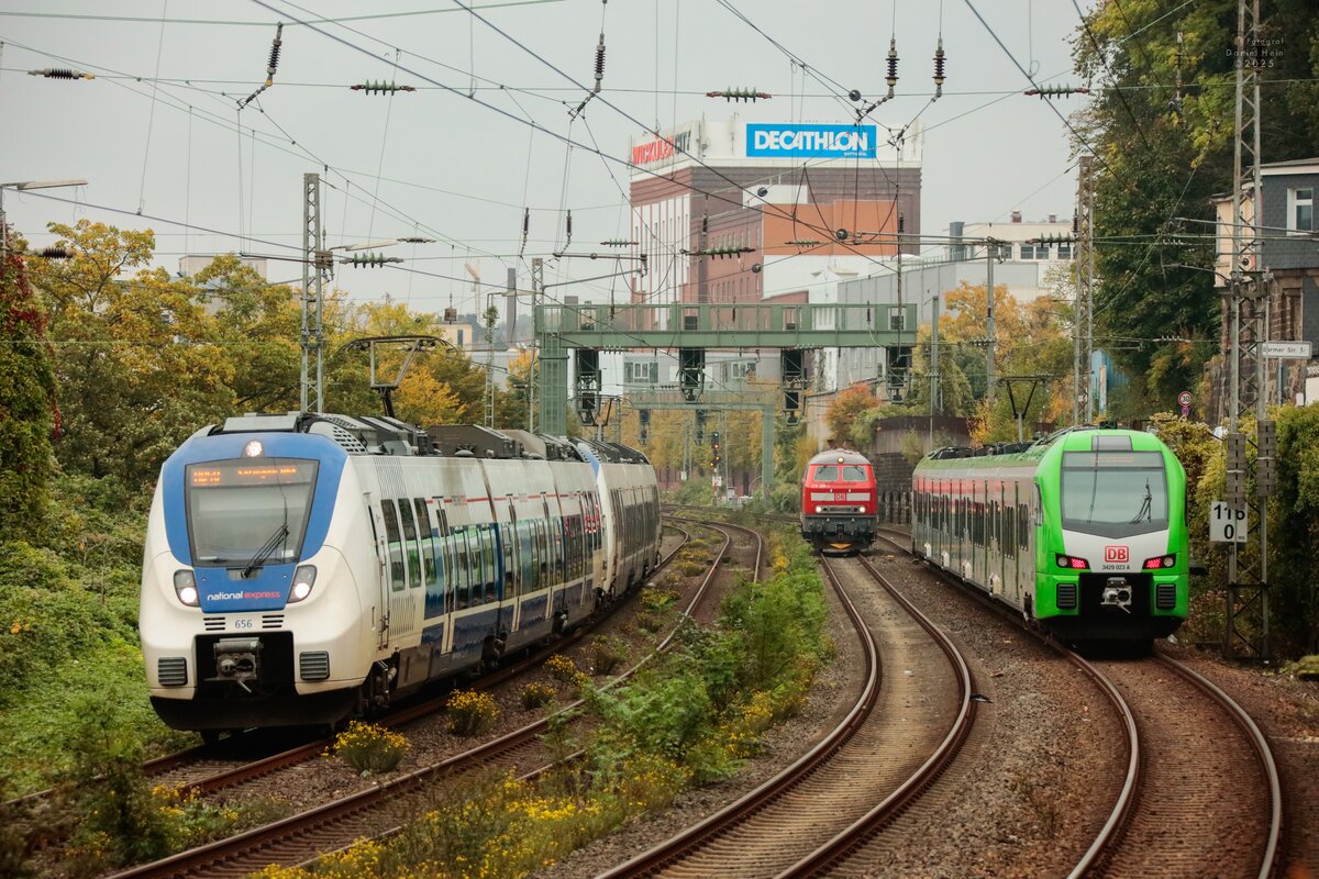 Nationalexpress 656 (442 656) als RB48, DB 218 486-9  Jens   S-Bahn Stuttgart  & rechts DB 3429 023A als S9 in Wuppertal, Oktober 2025.