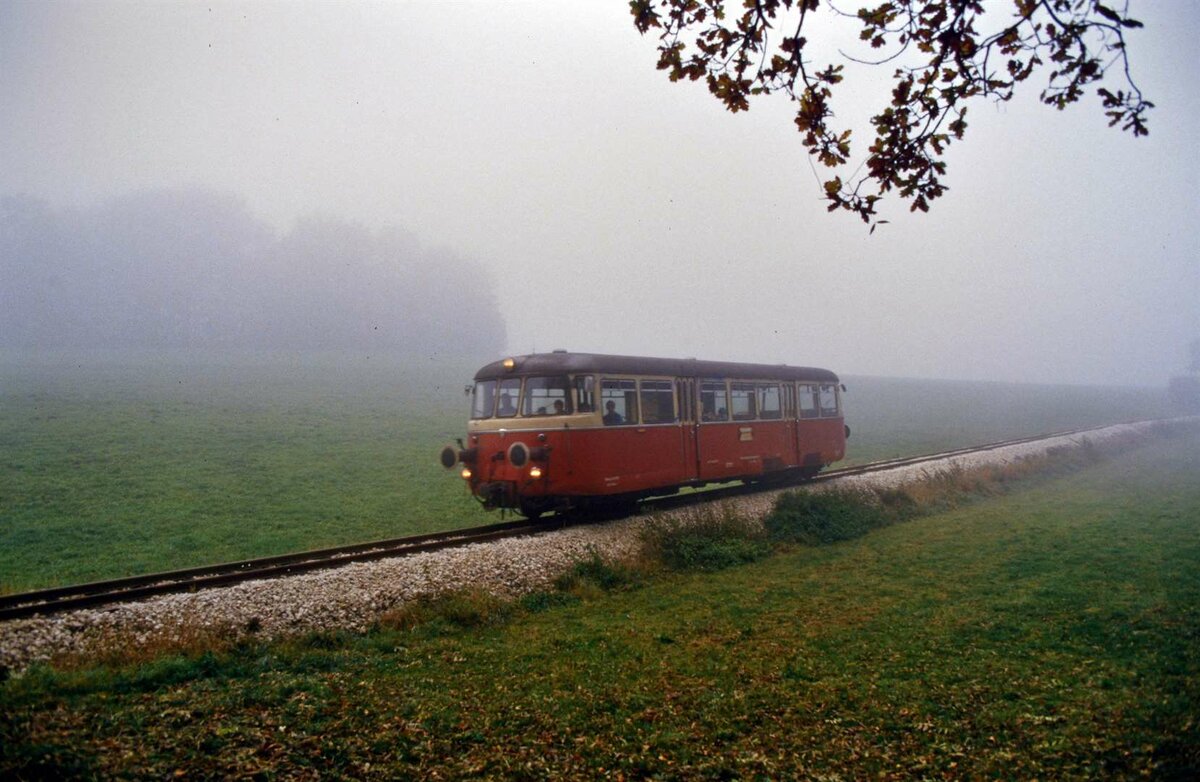 Natur und Schmalspurbahn lebten am 02.11.1984 f�r eine gewisse Zeit in einer Art Symbiose:  Der 1000 mm-Spurweite MAN-Schienenbus der WEG-Nebenbahn Amstetten-Laichingen durchquerte mutig den Nebel der rauen Schw�bische Alb.