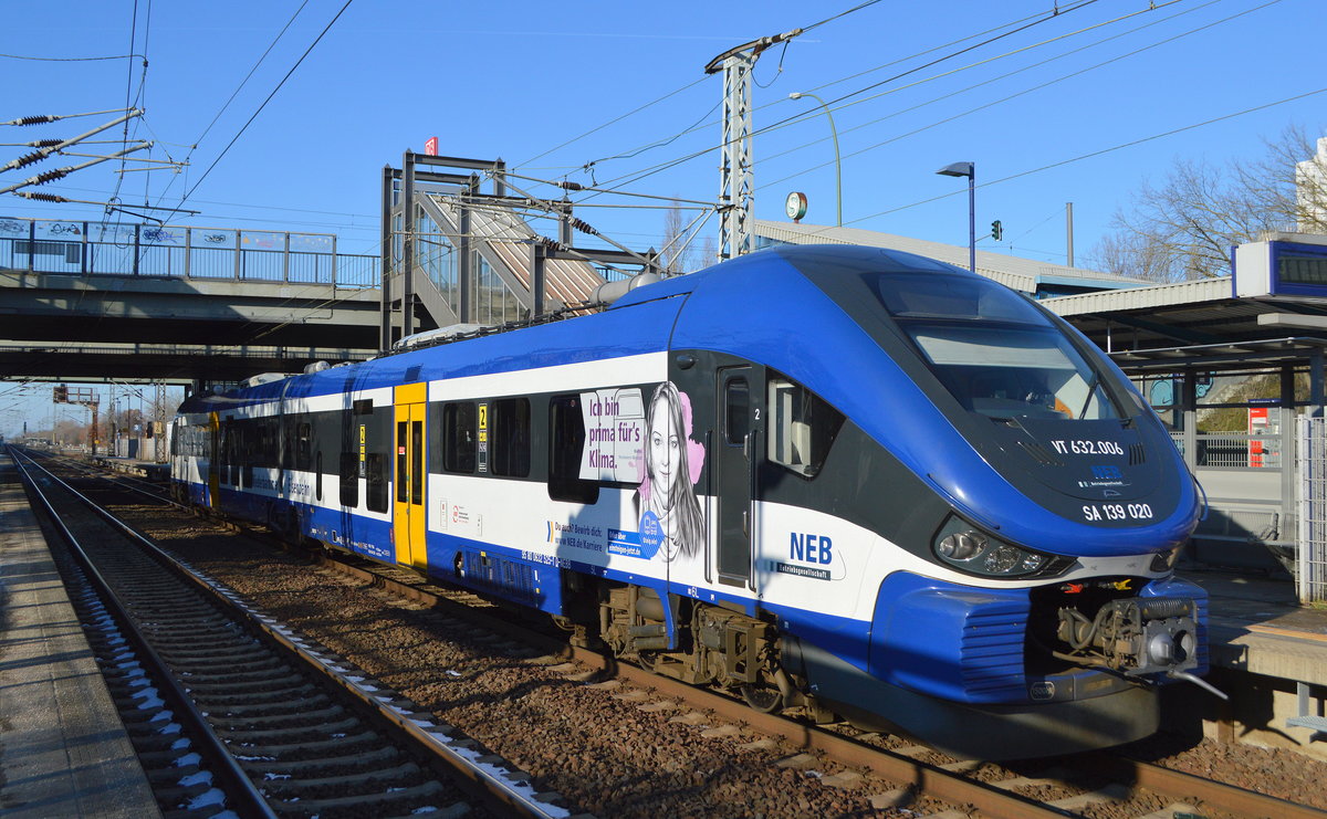 NEB mit der RB12 nach Templin mit  VT 632.006 - SA 139 020  bei der Ausfahrt Bhf. Berlin-Hohenschönhausen am 31.01.21