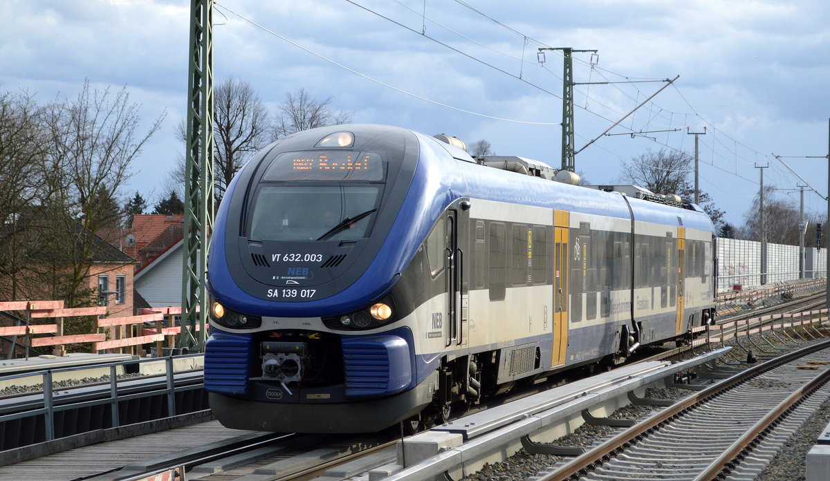 NEBB mit der RB27 mit  VT 632.003/ SA 139 017  nach Basdorf von Berlin Gesundbrunnen kommend am 18.03.21 Berlin Karow.