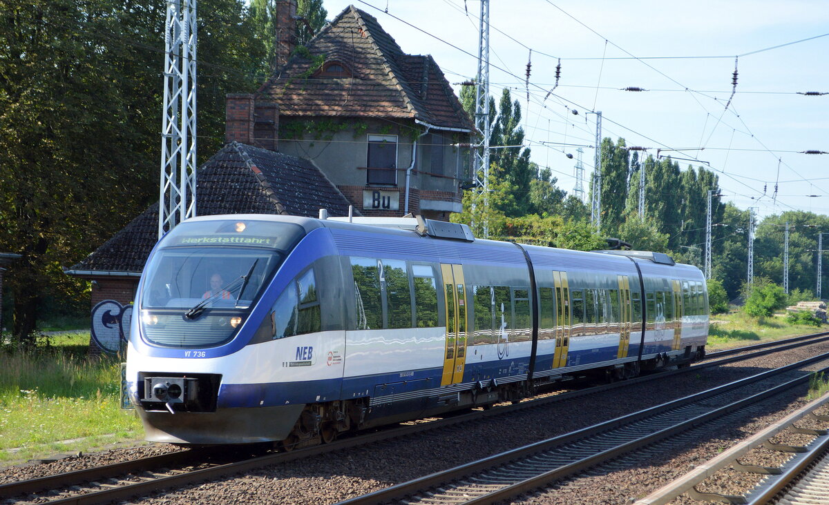 NEBB mit  VT 736  auf Werkstattfahrt Richtung Nordosten am 12.08.21 Berlin Buch.