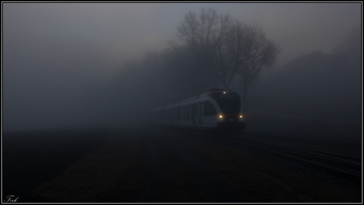 Nebel über Bergla ! 
Am 15.02.2022 rollt ein GTW 2/8 in den Bahnhof St. MArtin im Sulmtal Bergla  