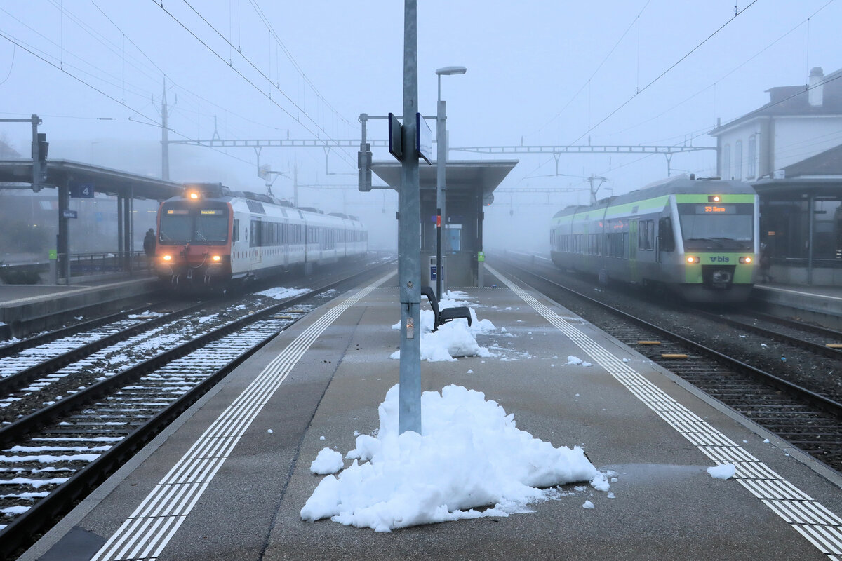 Nebliger Morgen am Bahnhof Murten: rechts BLS NINA 003 als Berner S-Bahn S5, links ein Domino-Zug der SBB (Triebwagen 560 243), der gerade in die Farben der TPF (Transports Publics Fribourgeois) umgestrichen wurde und einen TPF-Dienst als S20 Romont-Fribourg-Murten-Neuchâtel ausführt. 14.Dezember 2021   