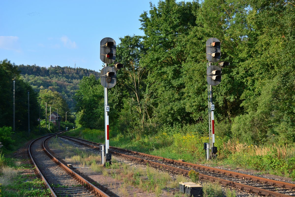 Nebra ist einer der letzten Bahnhöfe mit EZMG Signalen und planmäßigen Verkehr. Hier sieht man die Ausfahrsignale C1 und C3 in Richtung Wangen. In absehbarer Zeit werden aber hier die Signale fallen da Nebra auf Rückfallweichen ungebaut werden soll und hier im Zugleitbetrieb gefahren werden soll.

Nebra 07.08.2018