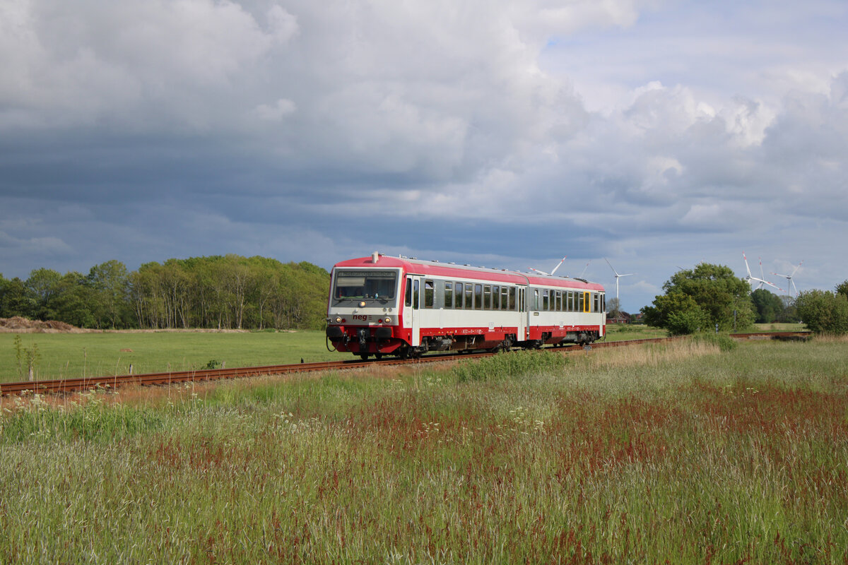 neg 628 071-2 dieselt von Dagebüll Mole nach Niebüll und ist hier gerade auf der Kleinbahn zwischen Maasbüll und Deezbüll unterwegs. (30.05.2022)