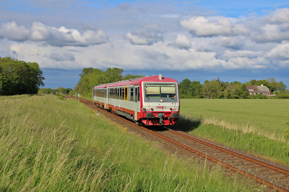 neg 628 071-2 erreicht in Kürze den Haltepunkt Maasbüll auf seiner Fahrt über die Kleinbahn von Niebüll nach Dagebüll Mole. (30.05.2022)
